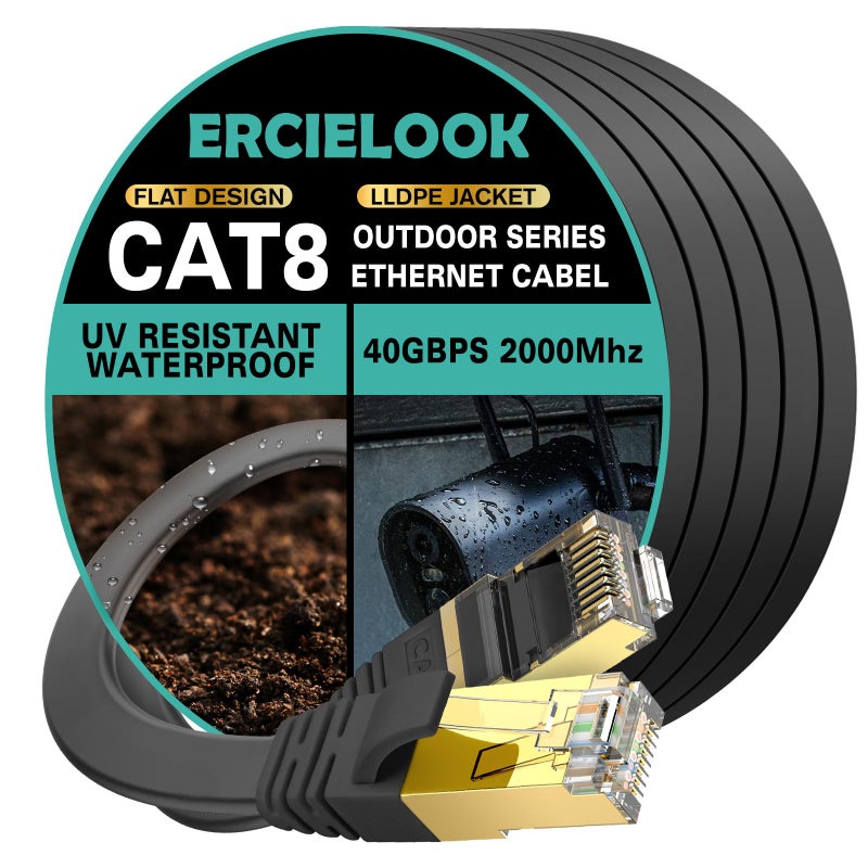 Ercielook Ethernet Cable 75 ft High Speed, CAT8 Shielded Flat Internet Cable with Clips, Faster Than Cat7 LAN Wire - Black 23 M - Image 1